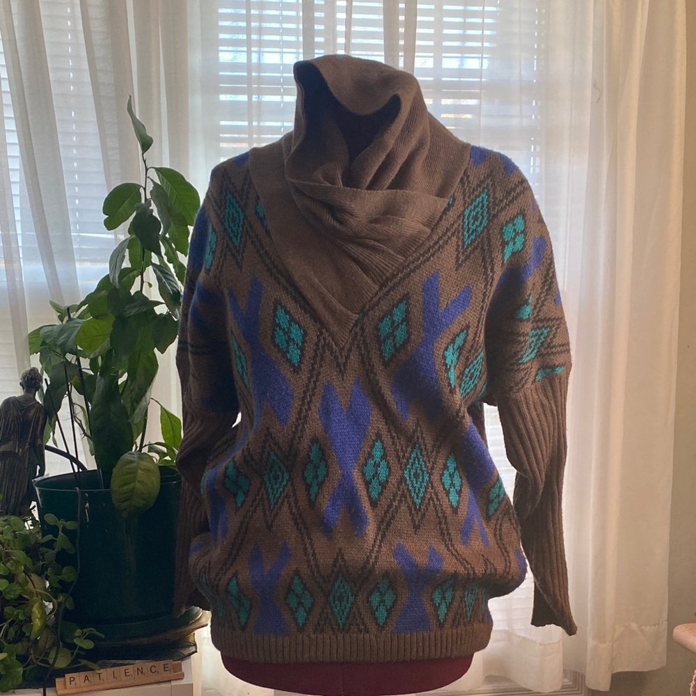 Vintage Oleg Cassini Brown Sweater with Blue and Green Pattern